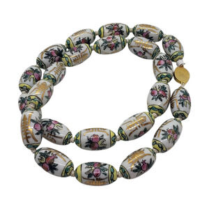 Vintage Chinese Import Porcelain Bead Necklace Hand Painted Gold Clasp Floral